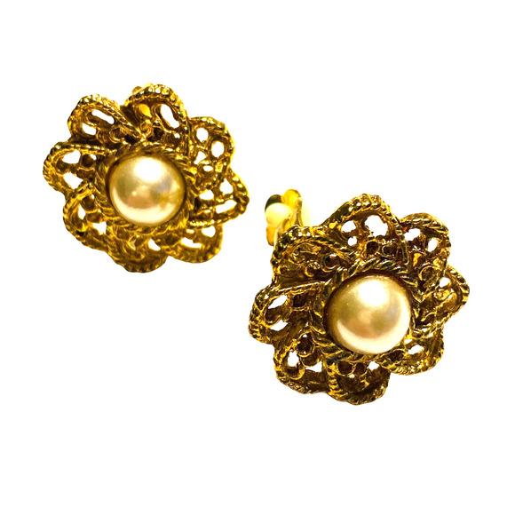 Vintage Clip On Earrings Gold Surround Style Rounds Faux Pearl Beads 1980's Chic - Picture 6 of 7
